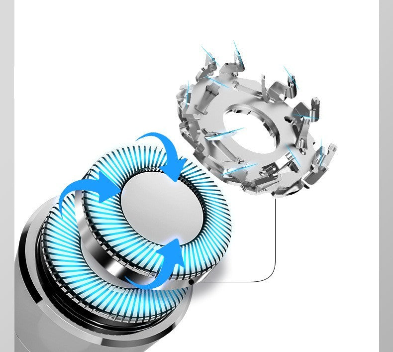 Diagram of portable face hair trimmer showing its rotating blades and design features for efficient grooming.