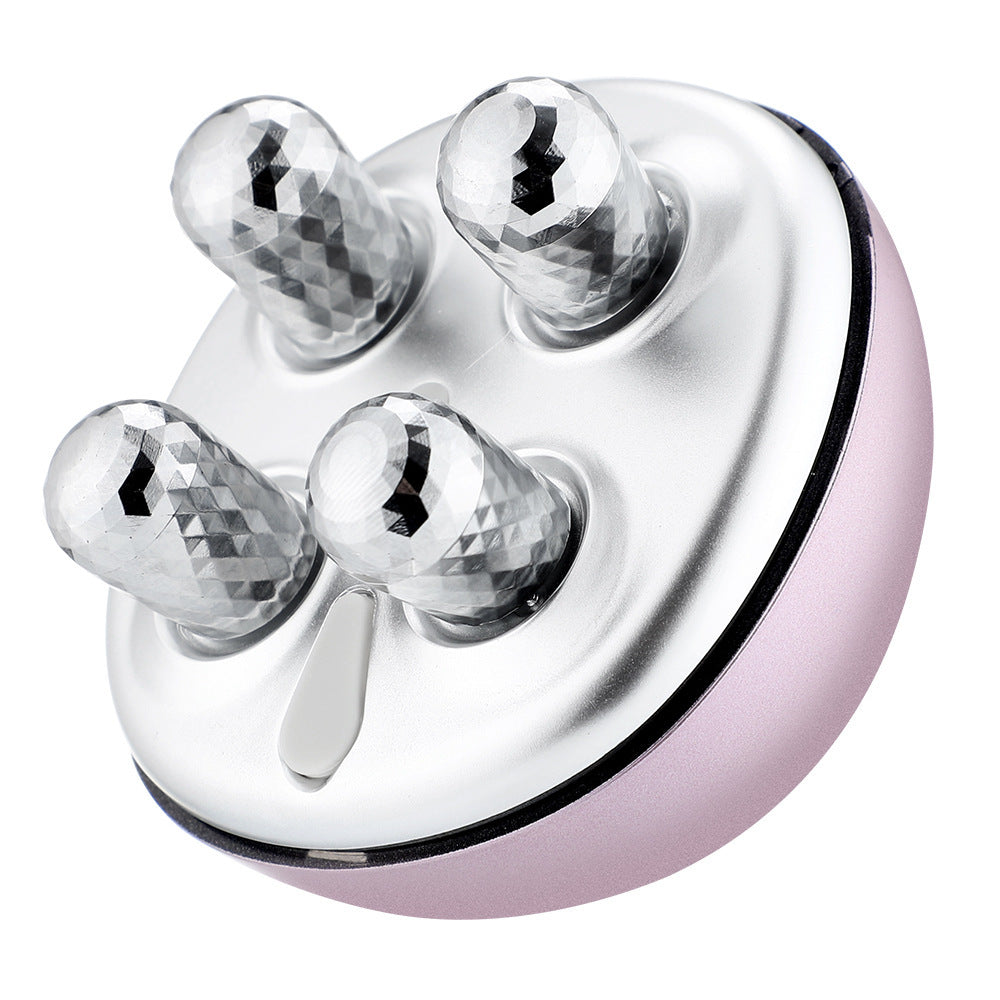 USB rechargeable roller massage device with four massage heads for facial lifting and smoothing skin.