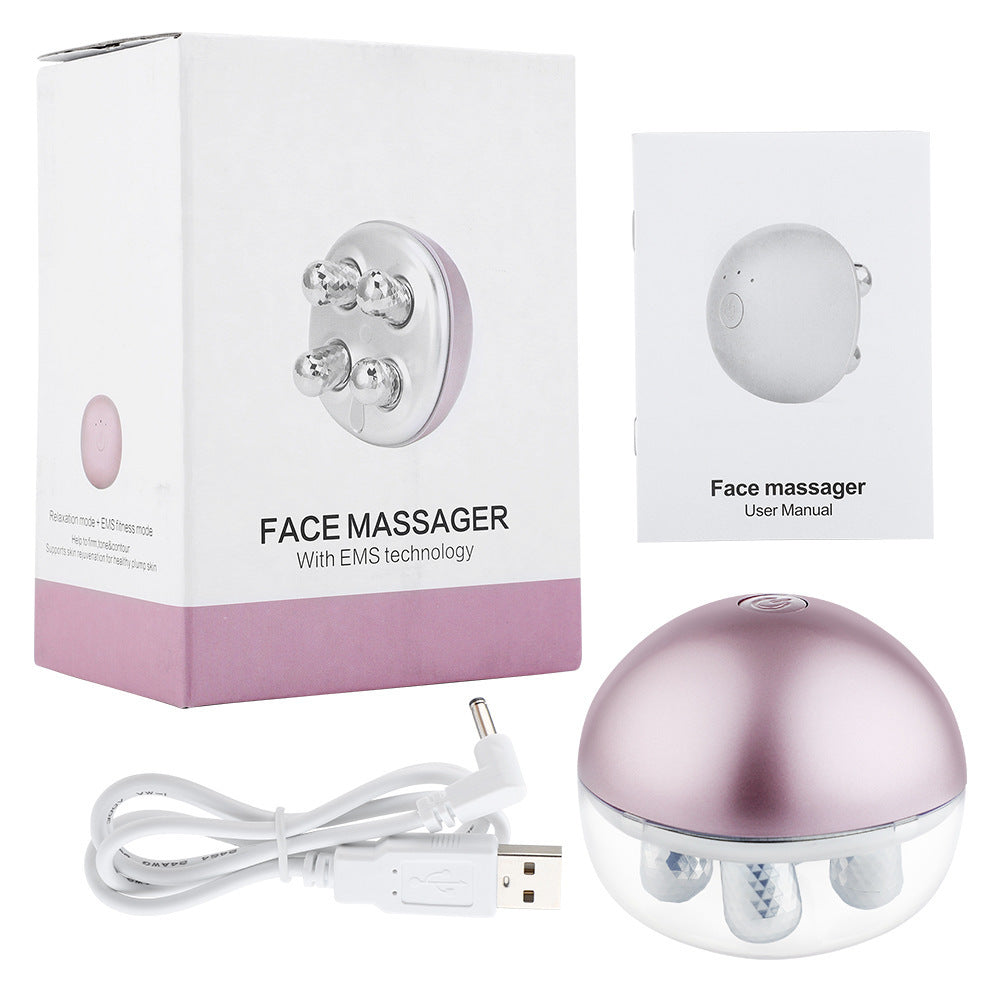 USB rechargeable electric face massager with user manual and charging cable, designed for lifting and smoothing skin.